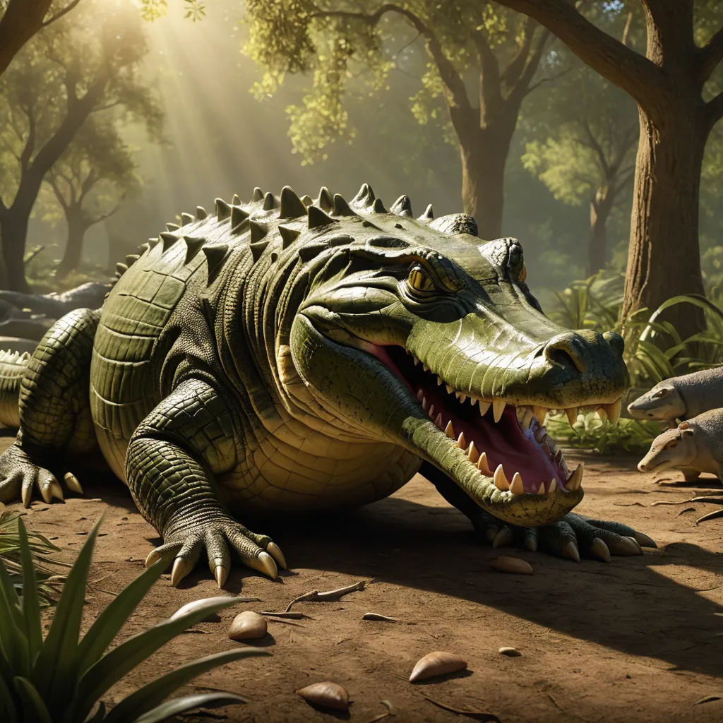 a large alligator laying on the ground in a forest area with trees and rocks in the background and sunlight shining through the trees, photorealism, a 3D render, Chris LaBrooy, photoreal
