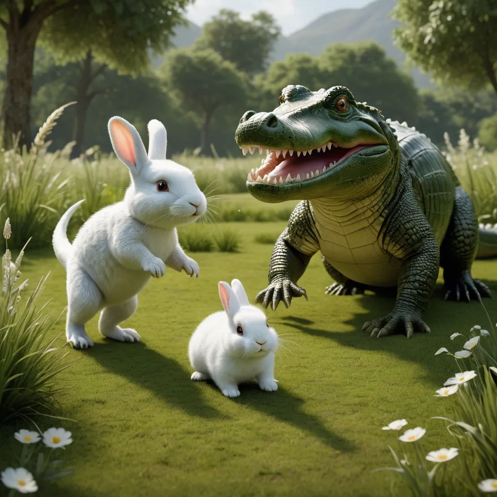 a large alligator and two small rabbits in a field of grass and flowers with trees in the background and a large alligator in the foreground, photorealism, an ambient occlusion render, Chris LaBrooy, ultra realistic digital art