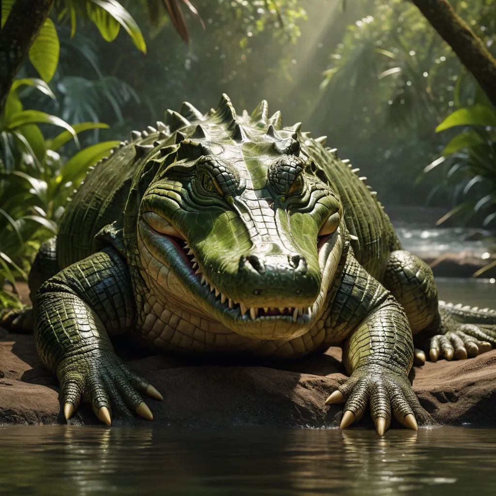 a large alligator sitting on top of a rock next to a river in a jungle setting with trees and bushes, photorealism, a 3D render, Chris LaBrooy, weta digital