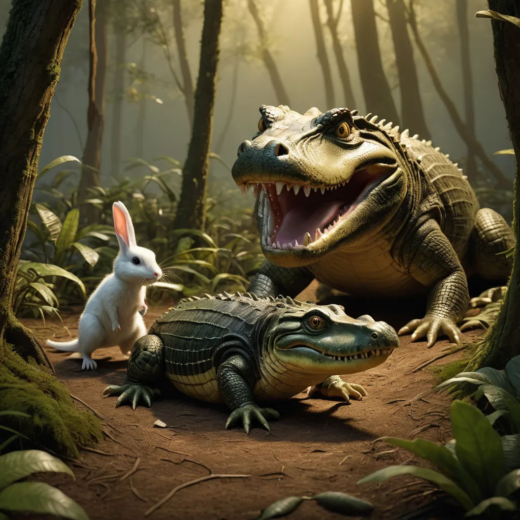 a white rabbit is standing next to two alligators in the woods, one of which is on the ground, photorealism, an ambient occlusion render, Chris LaBrooy, photoreal