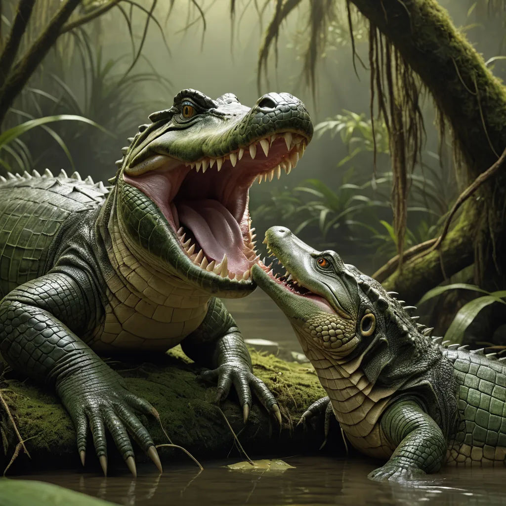 two alligators are in the water with their mouths open and their mouths open, with trees in the background, photorealism, a photorealistic painting, Adam Rex, photoreal