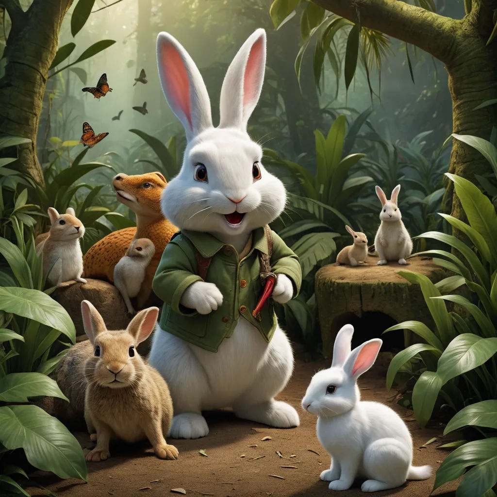 a group of rabbits in a forest with a man in a green jacket and a woman in a red dress, furry art, a poster, Beatrix Potter, key art