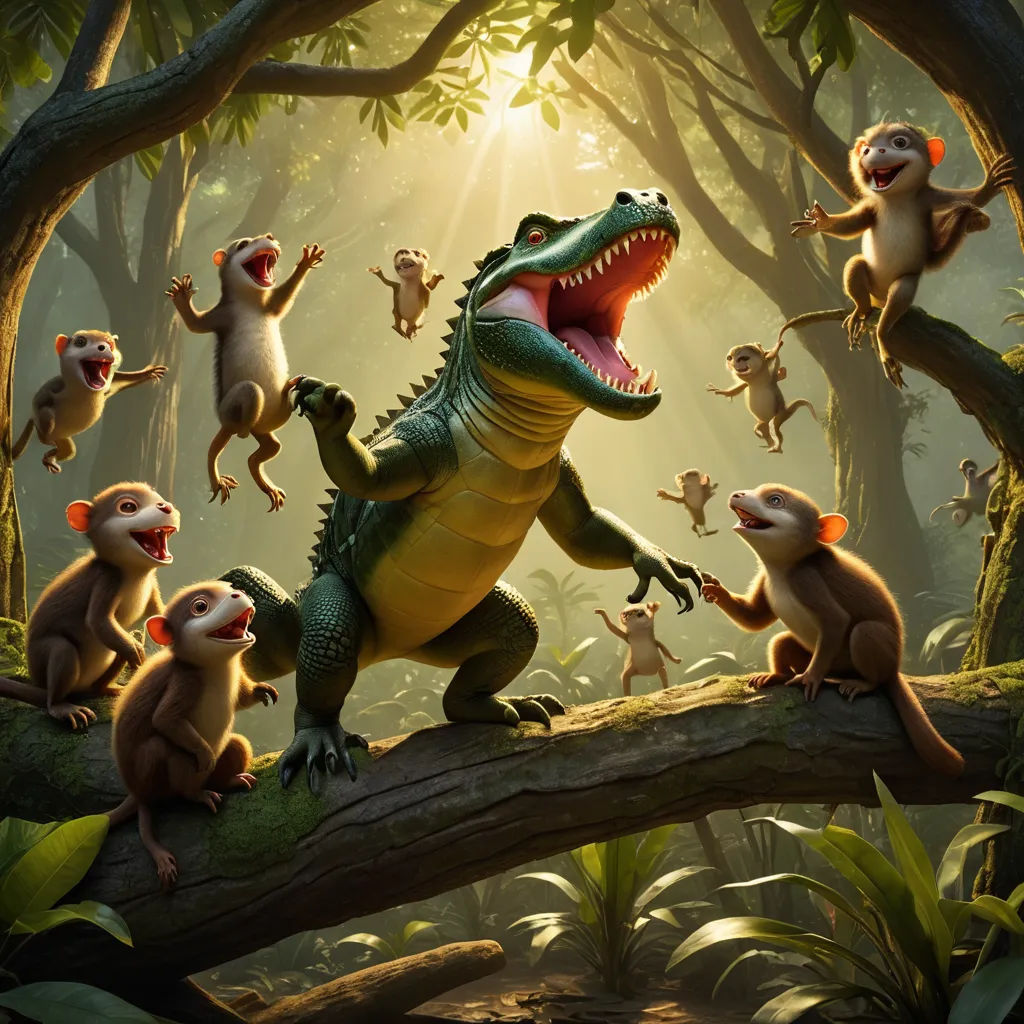 a group of monkeys and a crocodile on a tree branch in a jungle with a sunbeam in the background, sots art, concept art, Chris LaBrooy, cgstudio