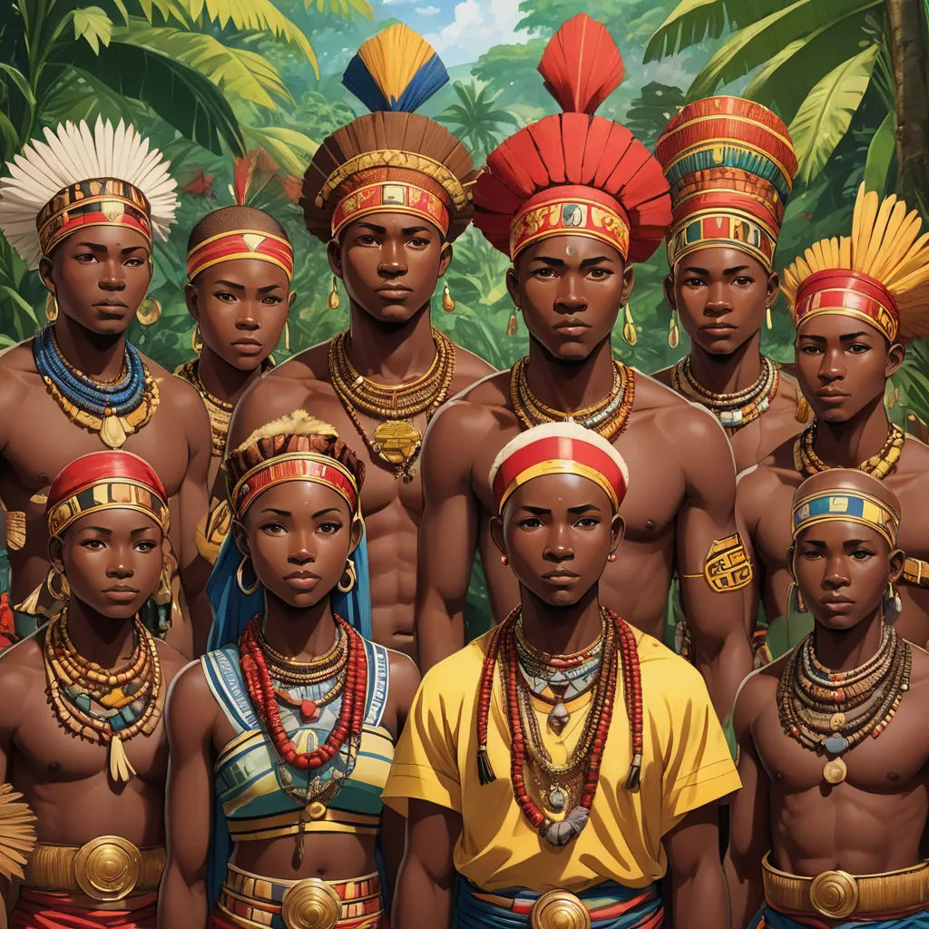 a group of african men standing next to each other in front of a painting of trees and plants on the wall, afrofuturism, a detailed painting, Brothers Hildebrandt, cushart krenz