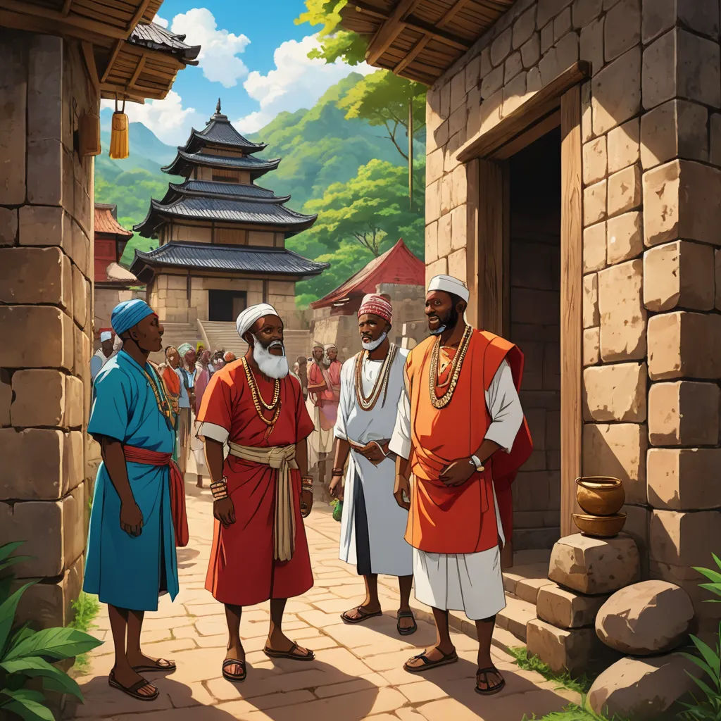 a group of men standing next to each other on a street near a building and trees and a mountain, les nabis, a storybook illustration, Afewerk Tekle, official art