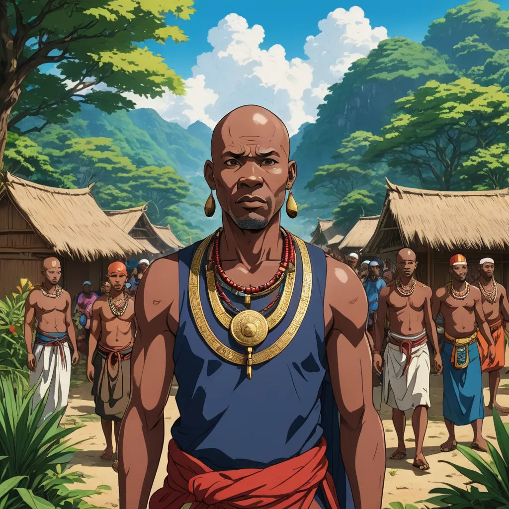 a man in a blue shirt and a group of people in front of him with a mountain in the background, afrofuturism, a character portrait, Cedric Seaut (Keos Masons), official art