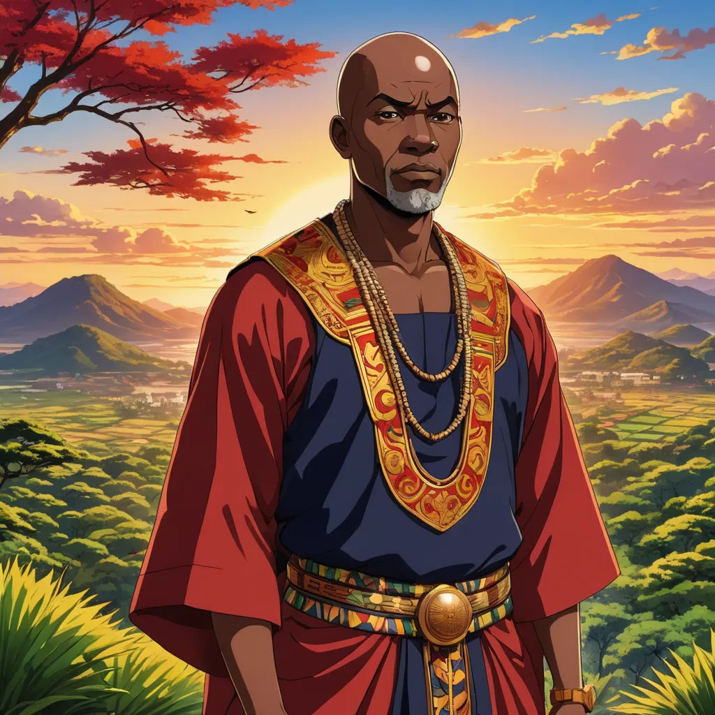 a man in a red and blue outfit standing in front of a sunset with a tree in the background, afrofuturism, a character portrait, Cedric Seaut (Keos Masons), official art