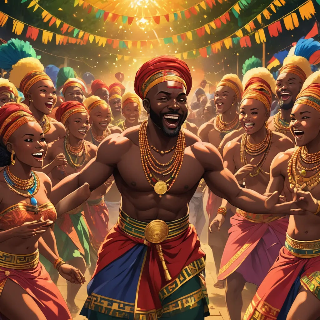 a man in a colorful costume dancing with other people in a crowd behind him and a bright light above him, afrofuturism, a storybook illustration, Chris LaBrooy, highly detailed digital painting