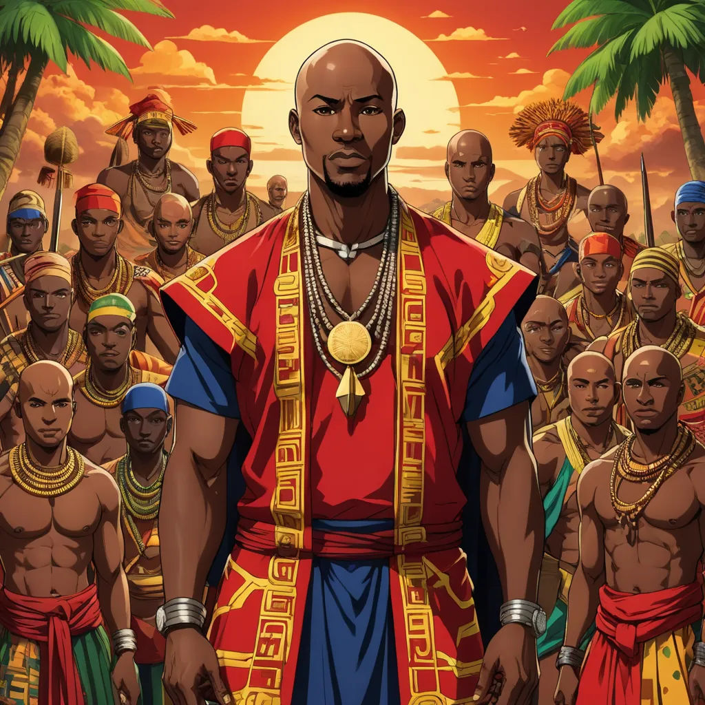 a man in a red and gold outfit surrounded by other men in red and gold outfits and palm trees, afrofuturism, a character portrait, Cedric Seaut (Keos Masons), official art