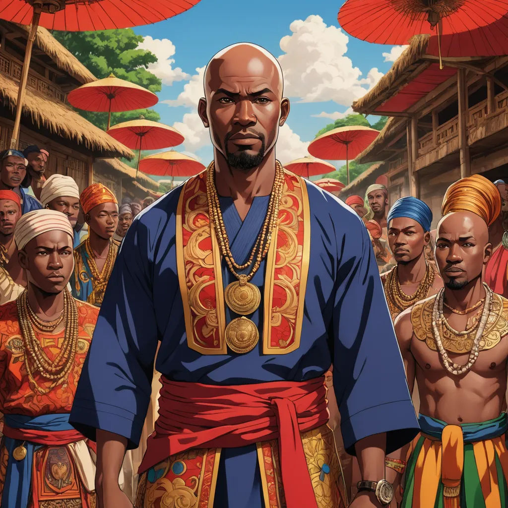 a man in a blue outfit standing in front of a group of people with red umbrellas over their heads, afrofuturism, a detailed matte painting, Ben Enwonwu, official art
