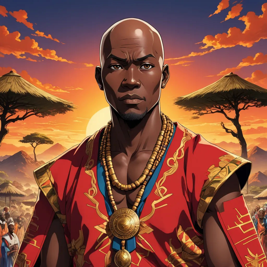 a man in a red shirt and gold necklace standing in front of a sunset with trees and a sky, afrofuturism, a character portrait, Cedric Seaut (Keos Masons), official art
