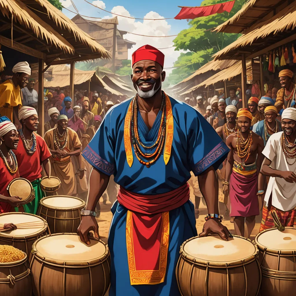 a man standing in front of a group of people with drums in front of him and a crowd of people behind him, afrofuturism, a storybook illustration, Chinwe Chukwuogo-Roy, official art