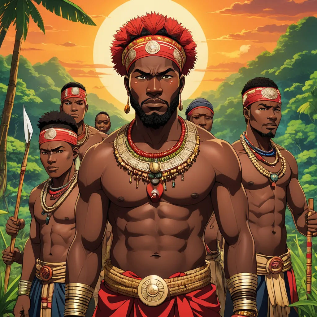 a group of men in native american clothing standing in front of a sunset with trees and bushes in the background, afrofuturism, an album cover, Chinwe Chukwuogo-Roy, official art