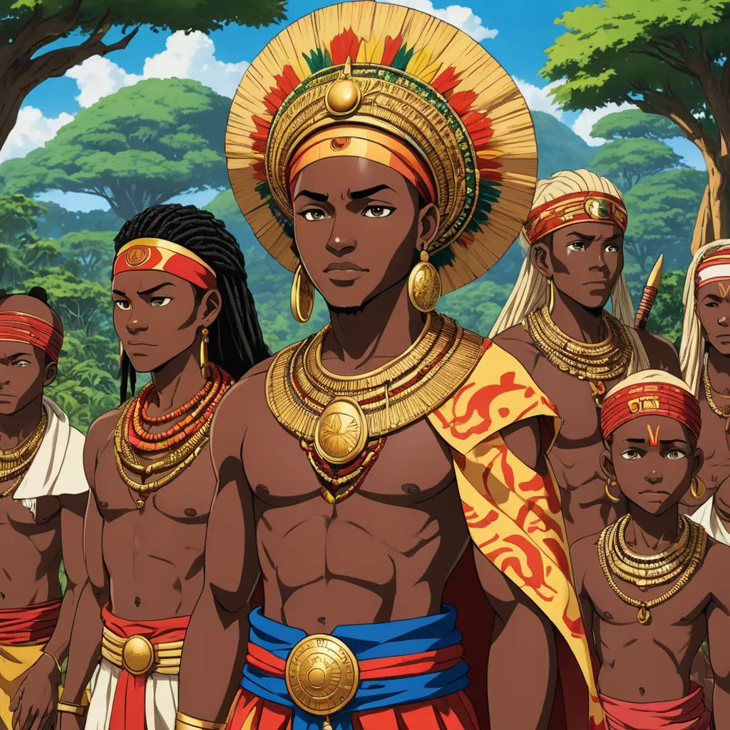 a group of african american men in costume and headdress standing in front of trees and a forest, afrofuturism, concept art, Cedric Seaut (Keos Masons), 2 d game art