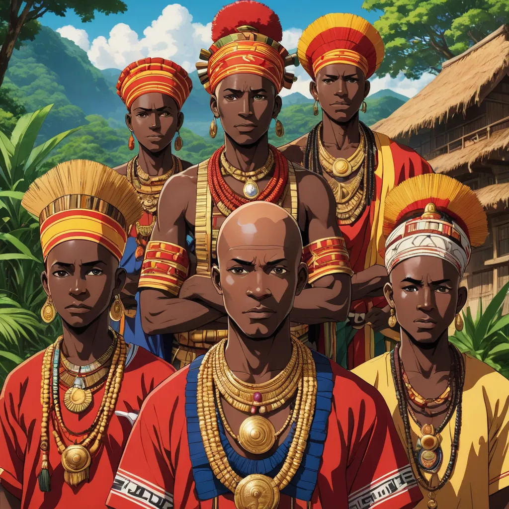 a group of african men standing next to each other in front of a forest and a hut with a thatched roof, les nabis, an album cover, Adam Manyoki, official art