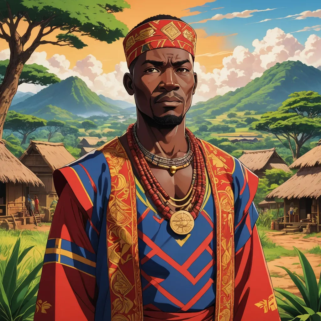 a man in a colorful outfit standing in front of a village with a mountain in the background and a sky with clouds, afrofuturism, a character portrait, Adam Manyoki, official art