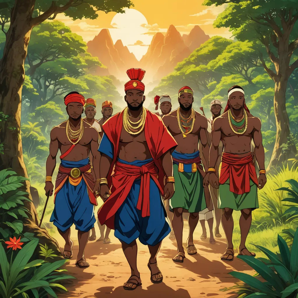 a group of men in native american clothing walking through a forest with trees and mountains in the background, with a sun setting behind them, afrofuturism, concept art, Altoon Sultan, official art