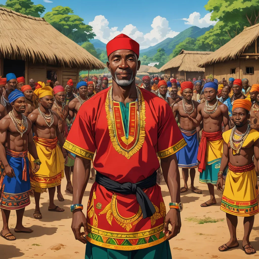 a man in a red shirt and yellow and red headdress stands in front of a group of people, afrofuturism, concept art, Cedric Seaut (Keos Masons), official art