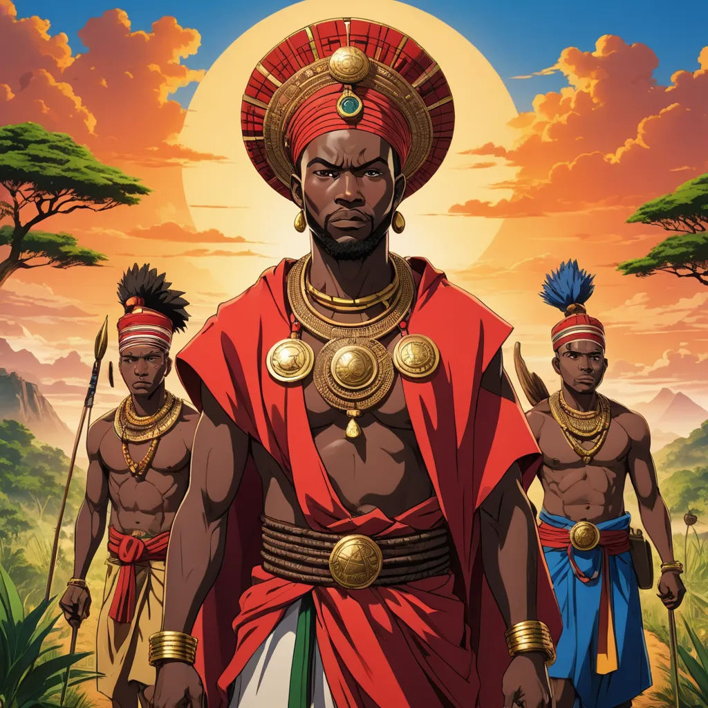 a man in a red outfit with two other men in front of him and a sunset behind him with trees, afrofuturism, concept art, Cedric Seaut (Keos Masons), official art