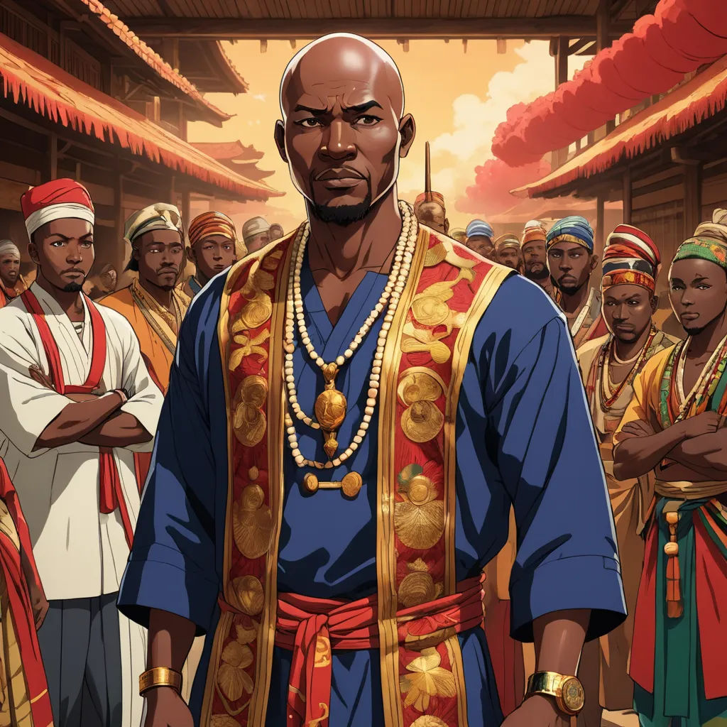 a man in a blue shirt and gold necklace standing in front of a group of men in ethnic garb, afrofuturism, a character portrait, Chinwe Chukwuogo-Roy, official art