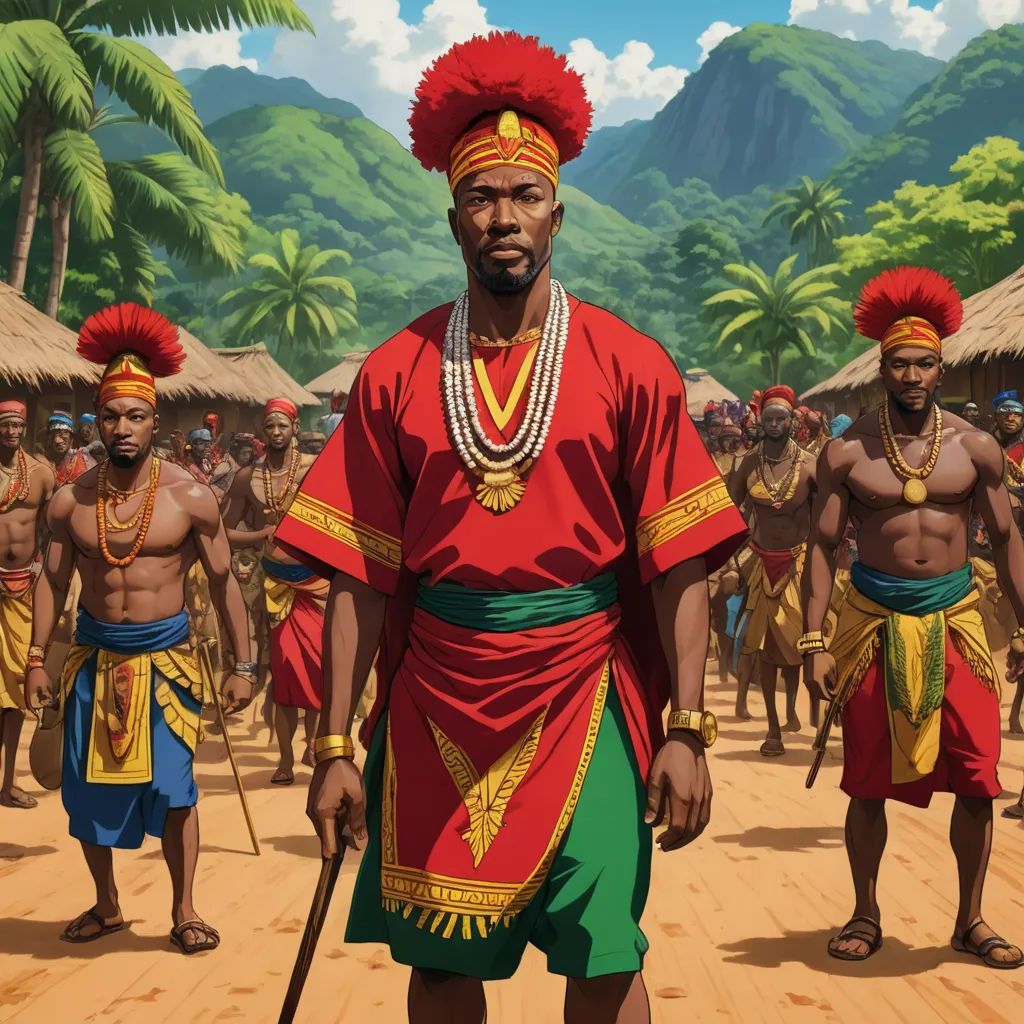 a man in a red and green outfit standing in front of a group of men in native garb, afrofuturism, concept art, Cedric Seaut (Keos Masons), official art