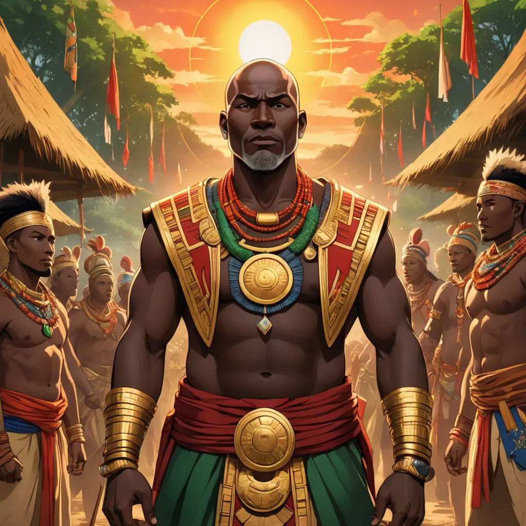a man in a costume standing in front of a group of people in a jungle setting with a sun in the background, afrofuturism, a comic book panel, Cedric Seaut (Keos Masons), trending on art station