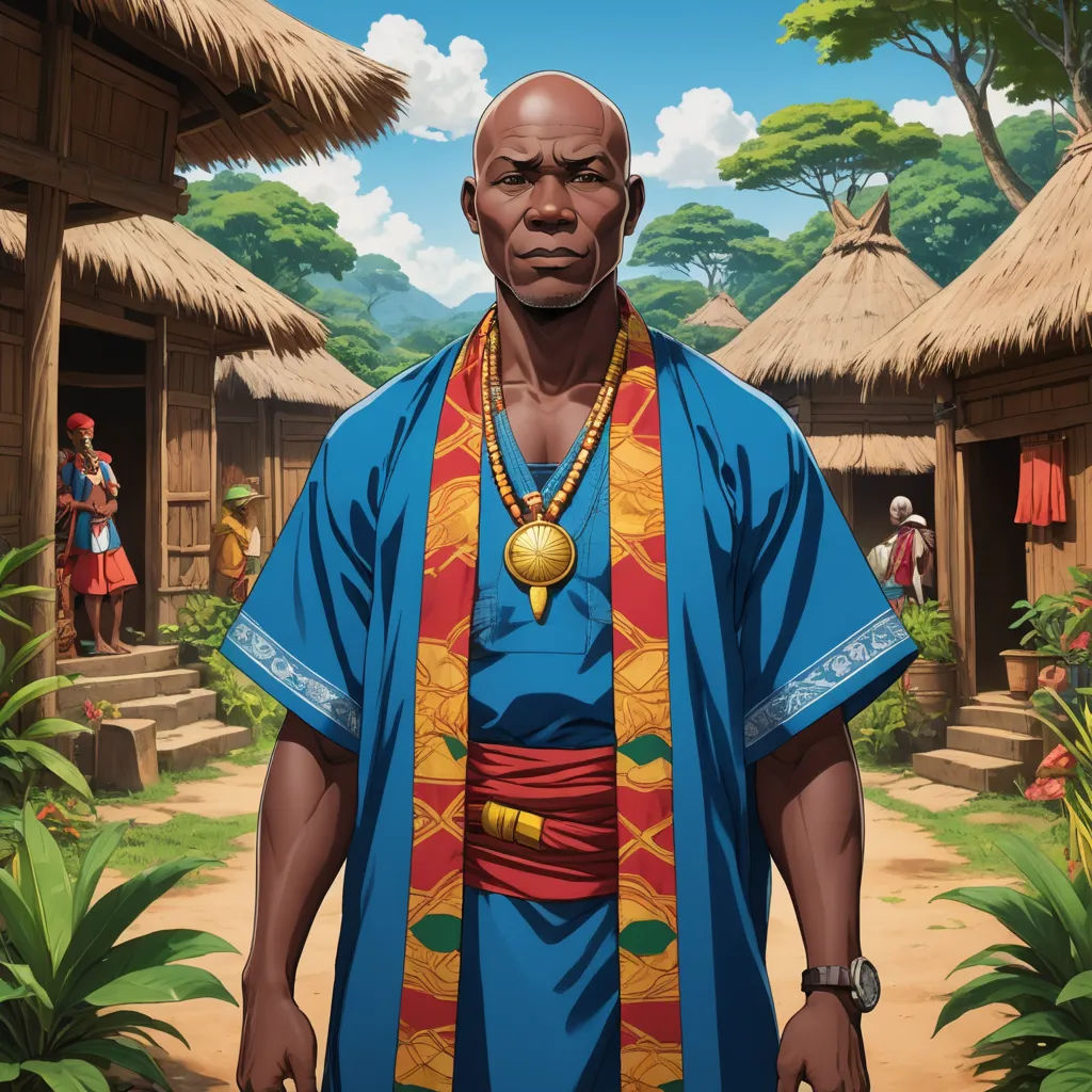 a man in a blue shirt and a necklace standing in front of a village with thatched huts and trees, afrofuturism, a character portrait, Cedric Seaut (Keos Masons), character portrait
