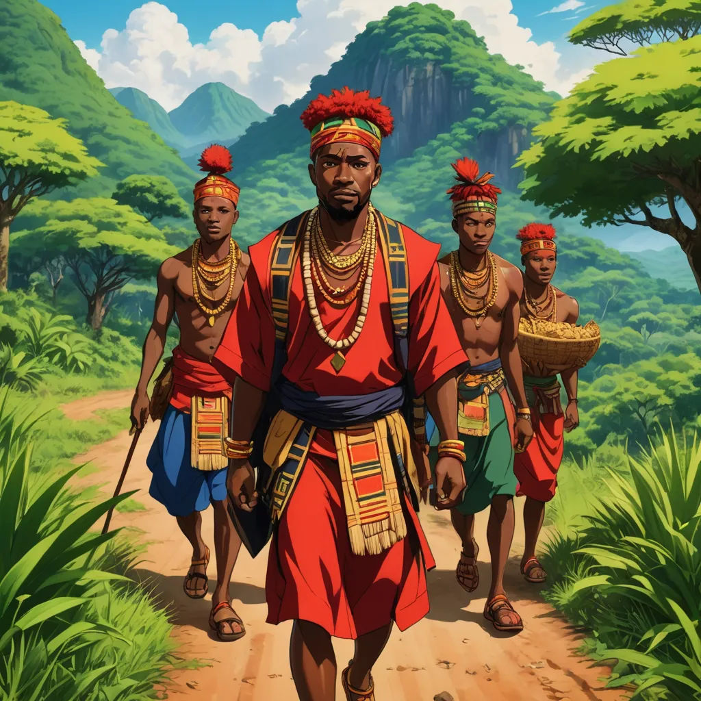 a painting of a man in a red outfit walking down a dirt road with other men in red outfits, afrofuturism, a detailed matte painting, Chinwe Chukwuogo-Roy, highly detailed digital painting