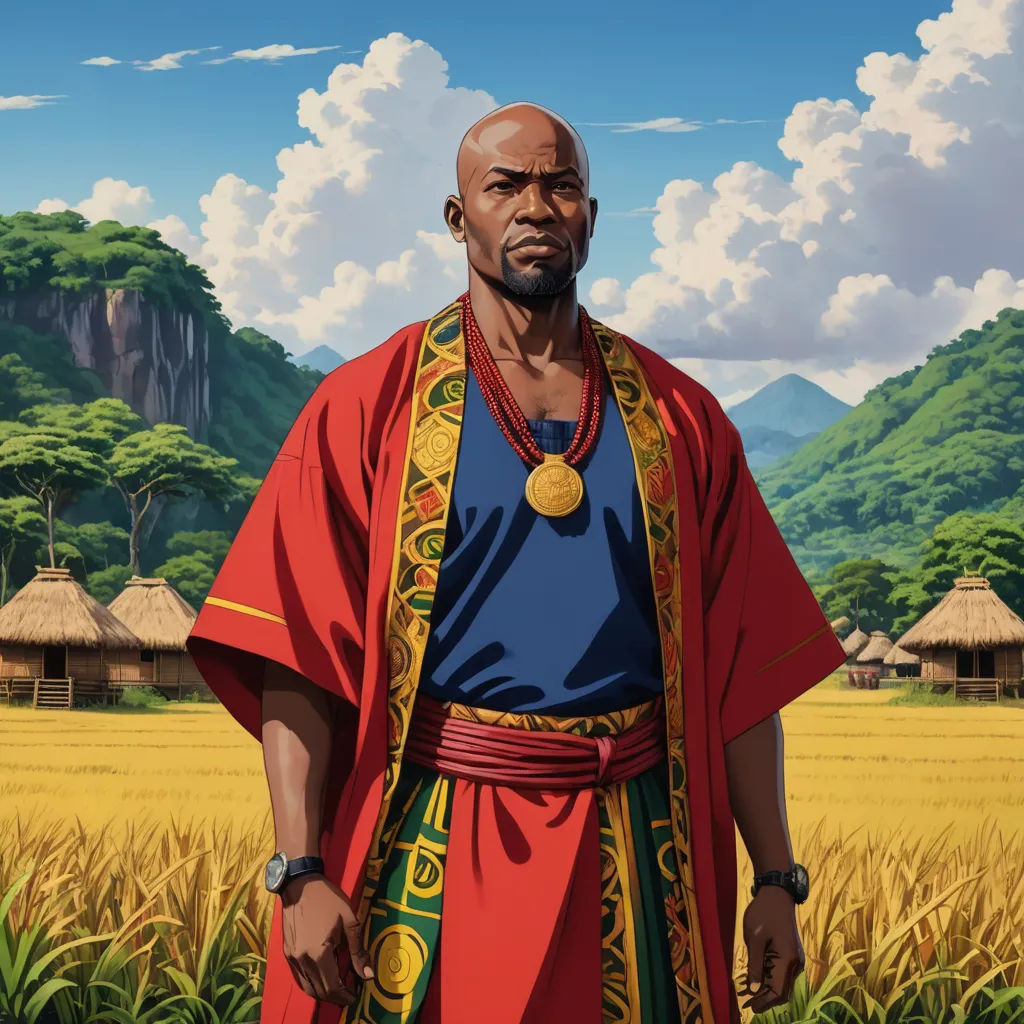 a man in a red and blue outfit standing in a field of wheat with mountains in the background and clouds in the sky, afrofuturism, a character portrait, Cedric Seaut (Keos Masons), official art