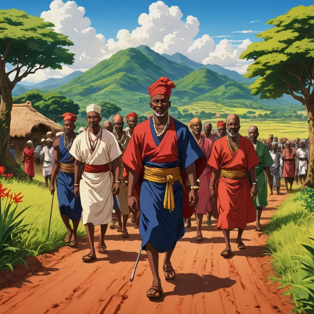a painting of a man walking down a dirt road with a group of people behind him on a sunny day, les nabis, a detailed matte painting, Adam Manyoki, roots