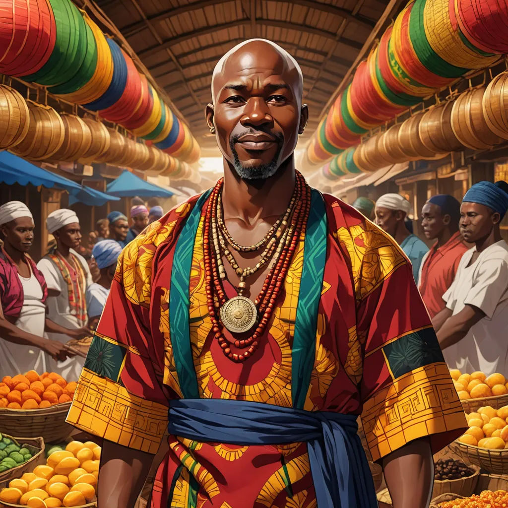 a man in a colorful outfit standing in front of a fruit stand with oranges and other fruit in baskets, afrofuturism, a character portrait, Ben Enwonwu, highly detailed digital painting