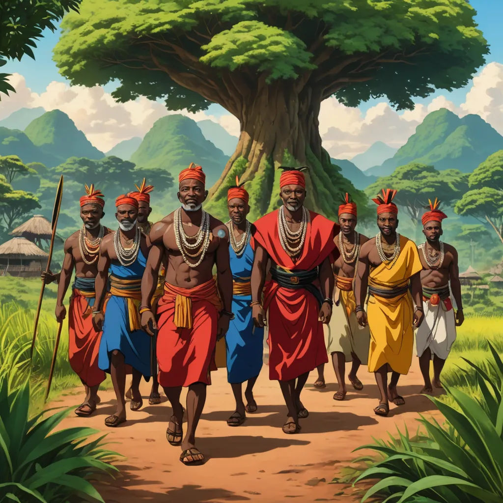 a group of african men walking down a dirt road in front of a tree and mountains in the background, afrofuturism, a detailed matte painting, Christophe Vacher, roots