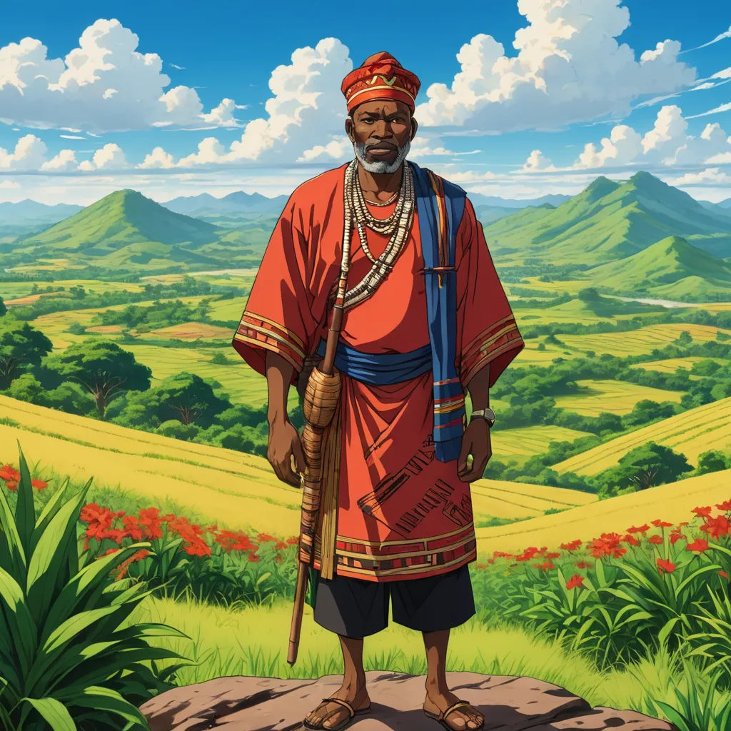 a man in a red outfit standing on a hill with a rifle in his hand and a green valley in the background, afrofuturism, a character portrait, Cedric Seaut (Keos Masons), official art
