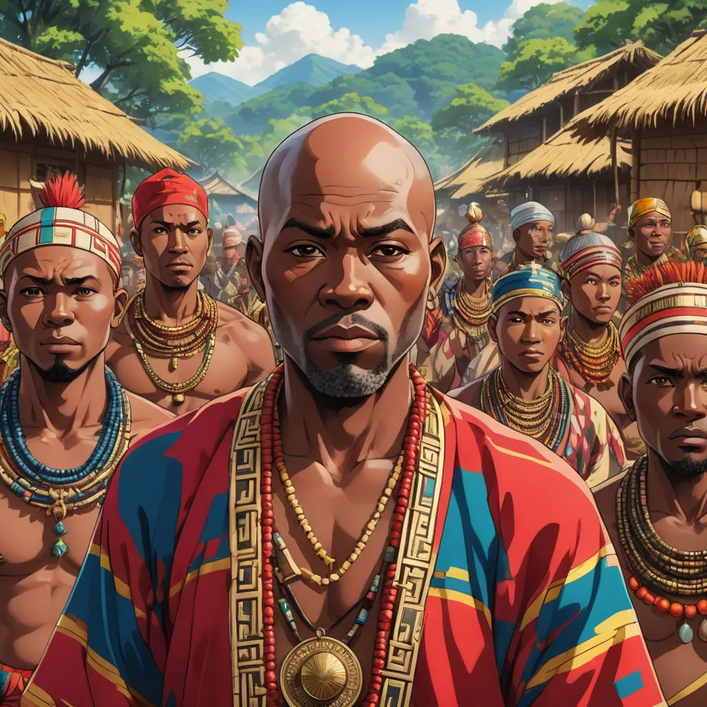 a man standing in front of a group of people in native american clothing and headdress, with a mountain in the background, afrofuturism, a detailed matte painting, Chinwe Chukwuogo-Roy, highly detailed digital painting