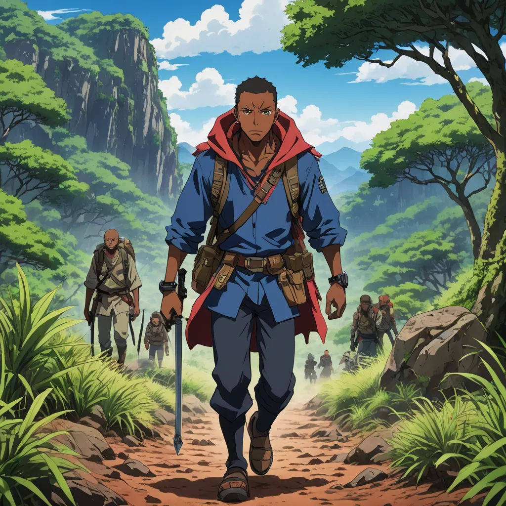 a man in a blue shirt and red hoodie walking down a dirt road with a sword in his hand, afrofuturism, poster art, Cedric Seaut (Keos Masons), official art