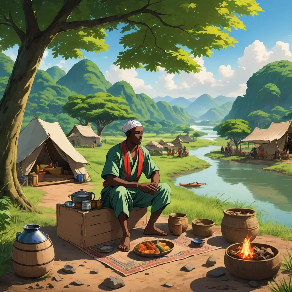 a man sitting on a box in front of a campfire with a river and mountains in the background, fantasy art, a detailed matte painting, Chris LaBrooy, orientalism