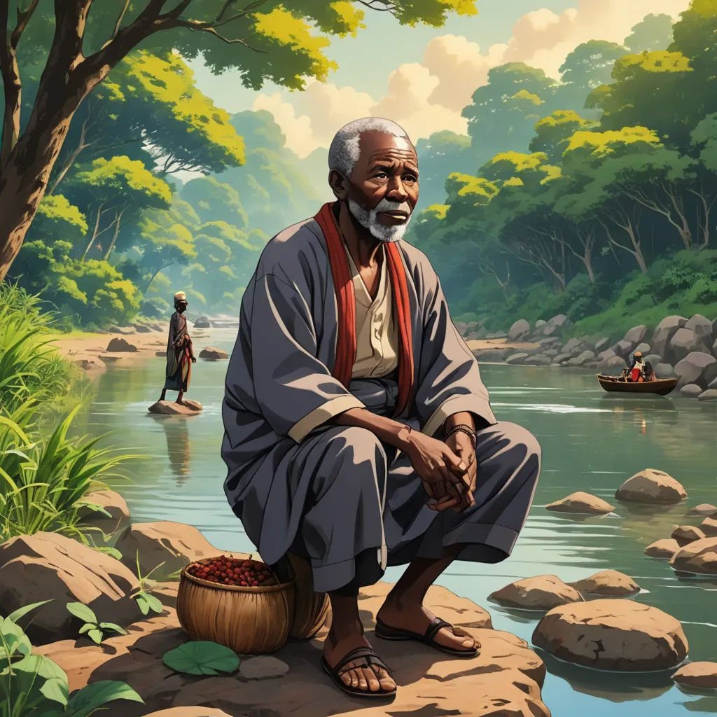 a painting of a man sitting on a rock next to a river with a basket of food in his hand, figurative art, a detailed matte painting, Christophe Vacher, highly detailed digital painting