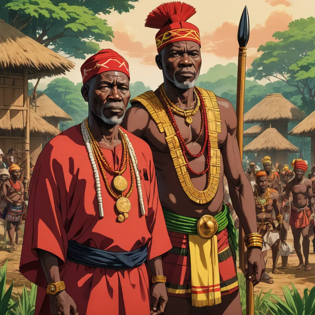 two african men in traditional clothing standing next to each other in front of a village with thatched huts, les nabis, a detailed matte painting, Chinwe Chukwuogo-Roy, highly detailed digital painting