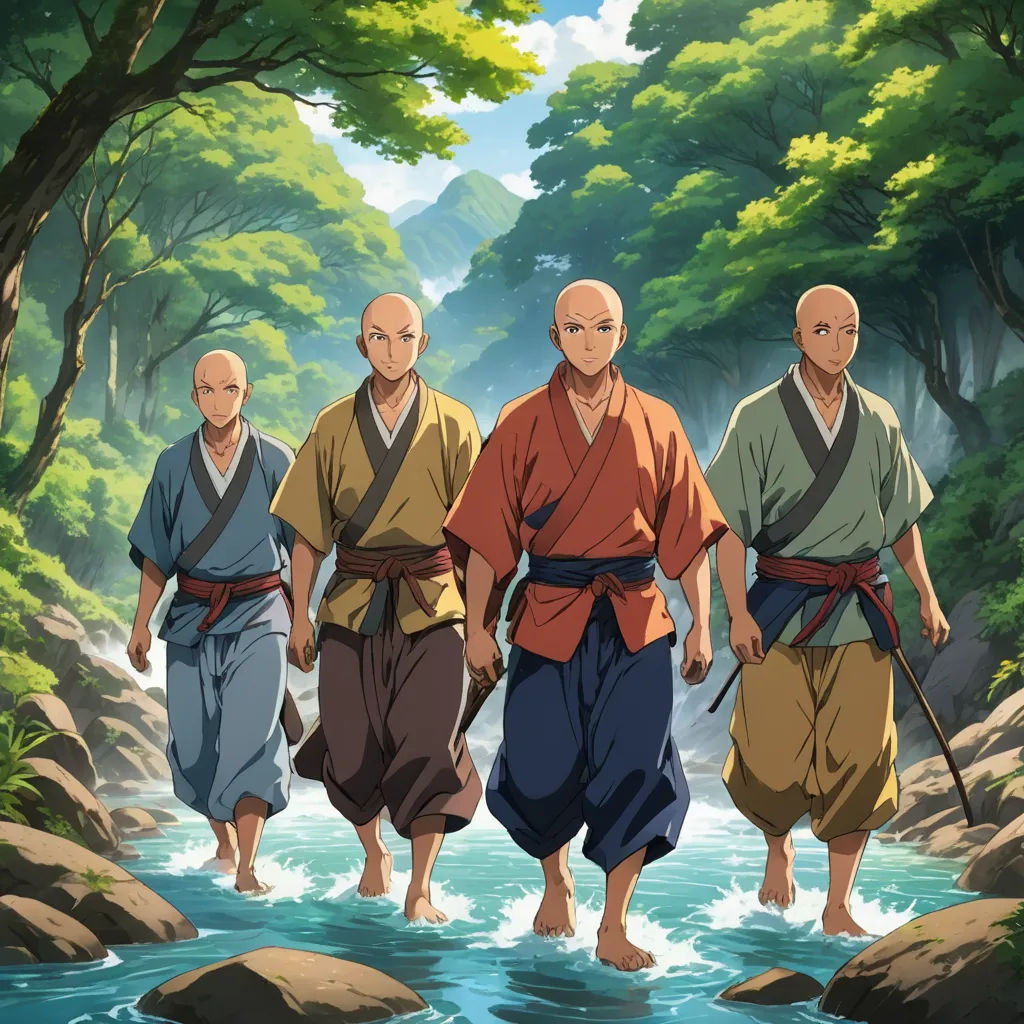 three men walking in the water in a forest with trees and rocks behind them, with a stream running between them, les nabis, an album cover, BaiĆken Eishun, official art