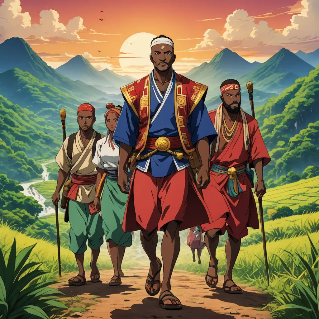 a group of men walking down a dirt road next to a lush green hillside covered in trees and grass, afrofuturism, an album cover, Cedric Seaut (Keos Masons), official art