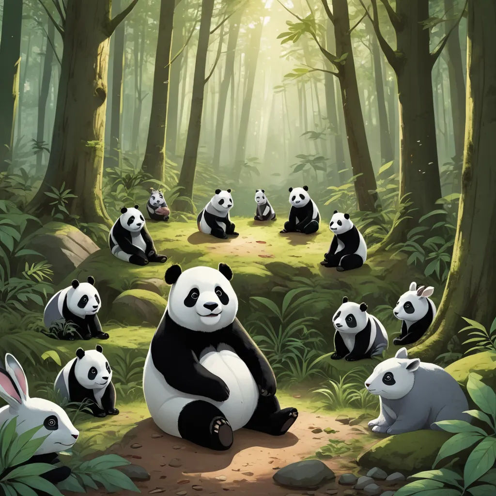 a group of pandas sitting in the middle of a forest with a sun shining through the trees and on the ground, furry art, a storybook illustration, Fan Qi, official art
