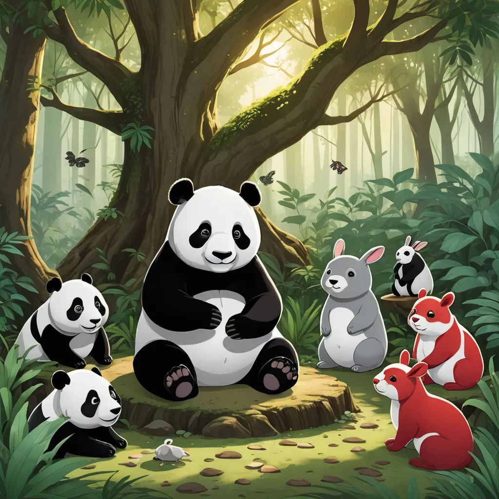 a group of pandas sitting in the forest together with a baby bear and a baby rabbit sitting on the ground, serial art, a storybook illustration, Fan Qi, official art