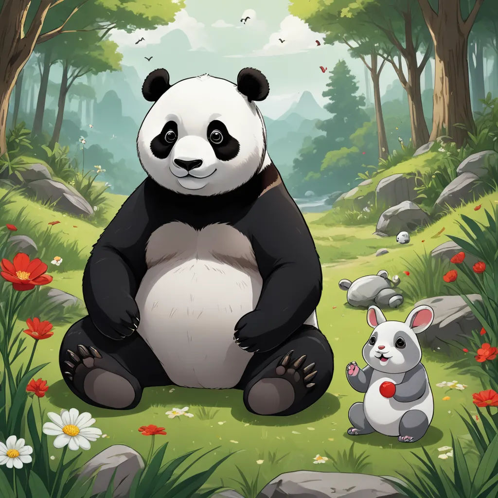 a panda bear sitting on the ground next to a rabbit in a forest with flowers and rocks on the ground, fantasy art, a storybook illustration, Chen Hong, game art
