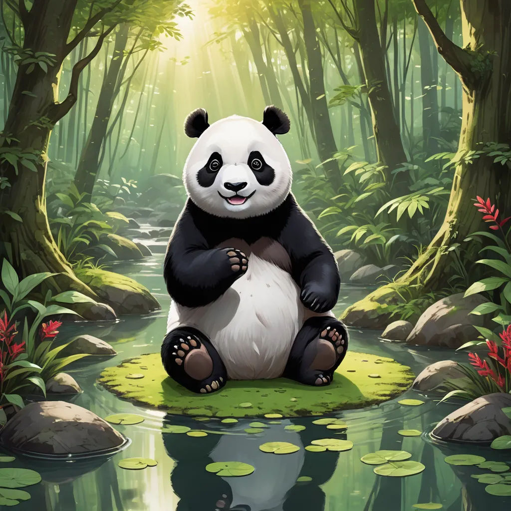 a panda bear sitting on a lily pad in a forest with a stream of water and lily pads surrounding it, sots art, a painting, Chen Hong, official art