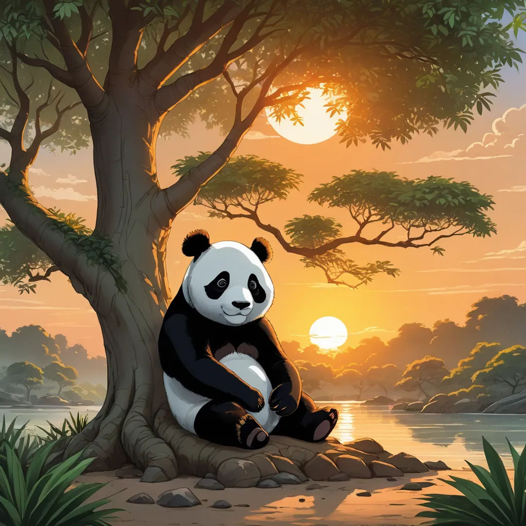 a panda bear sitting on a tree in the forest at sunset with the sun setting behind it and a lake below, fantasy art, a storybook illustration, Cyril Rolando, tranquil