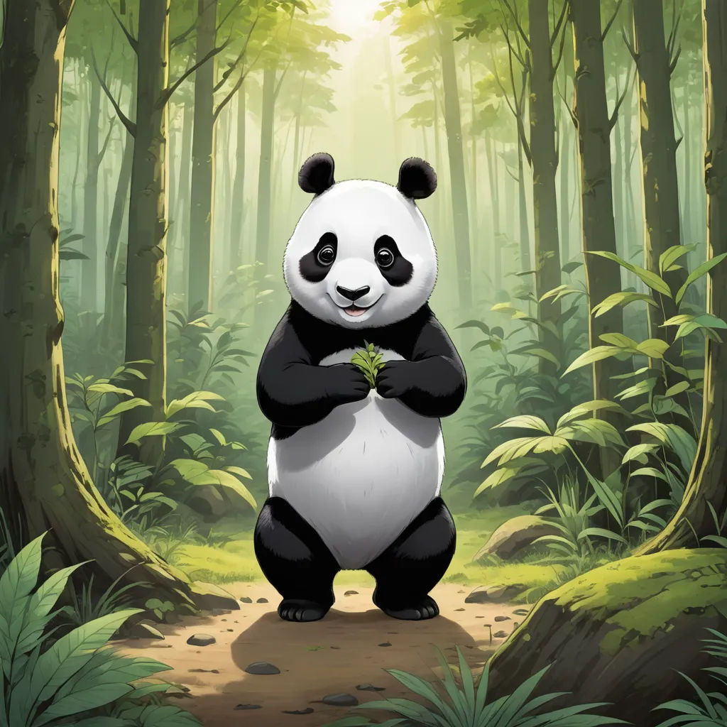 a panda bear standing in the middle of a forest holding a plant in its paws and smiling at the camera, environmental art, a storybook illustration, Adrian Zingg, official art