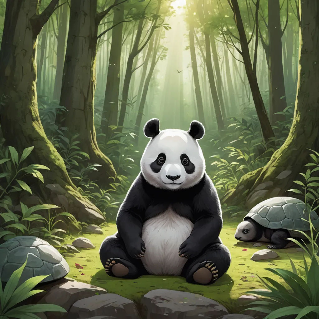 a panda bear sitting on a rock in a forest with two other animals nearby, with the sun shining through the trees, altermodern, a storybook illustration, Chen Hong, magic the gathering artwork