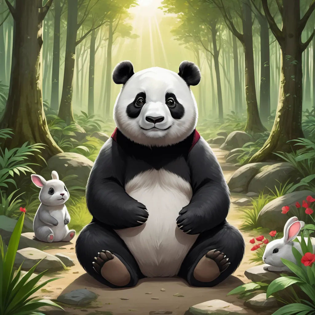 a panda bear sitting on a rock in the forest with two rabbits nearby, with a sunbeam in the background, sots art, a character portrait, Fan Qi, splash art