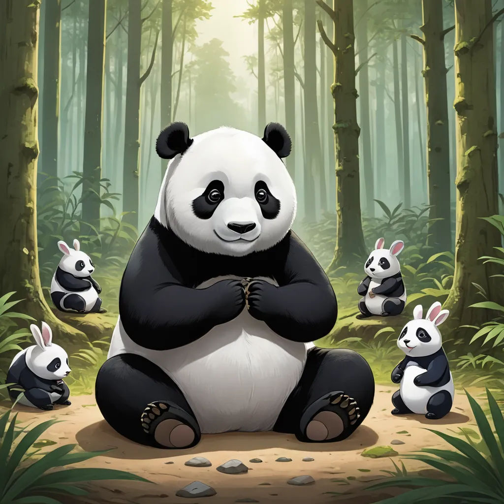 a panda bear sitting on a tree stump with other pandas in the background in a forest with tall trees, furry art, a storybook illustration, Fan Qi, official art