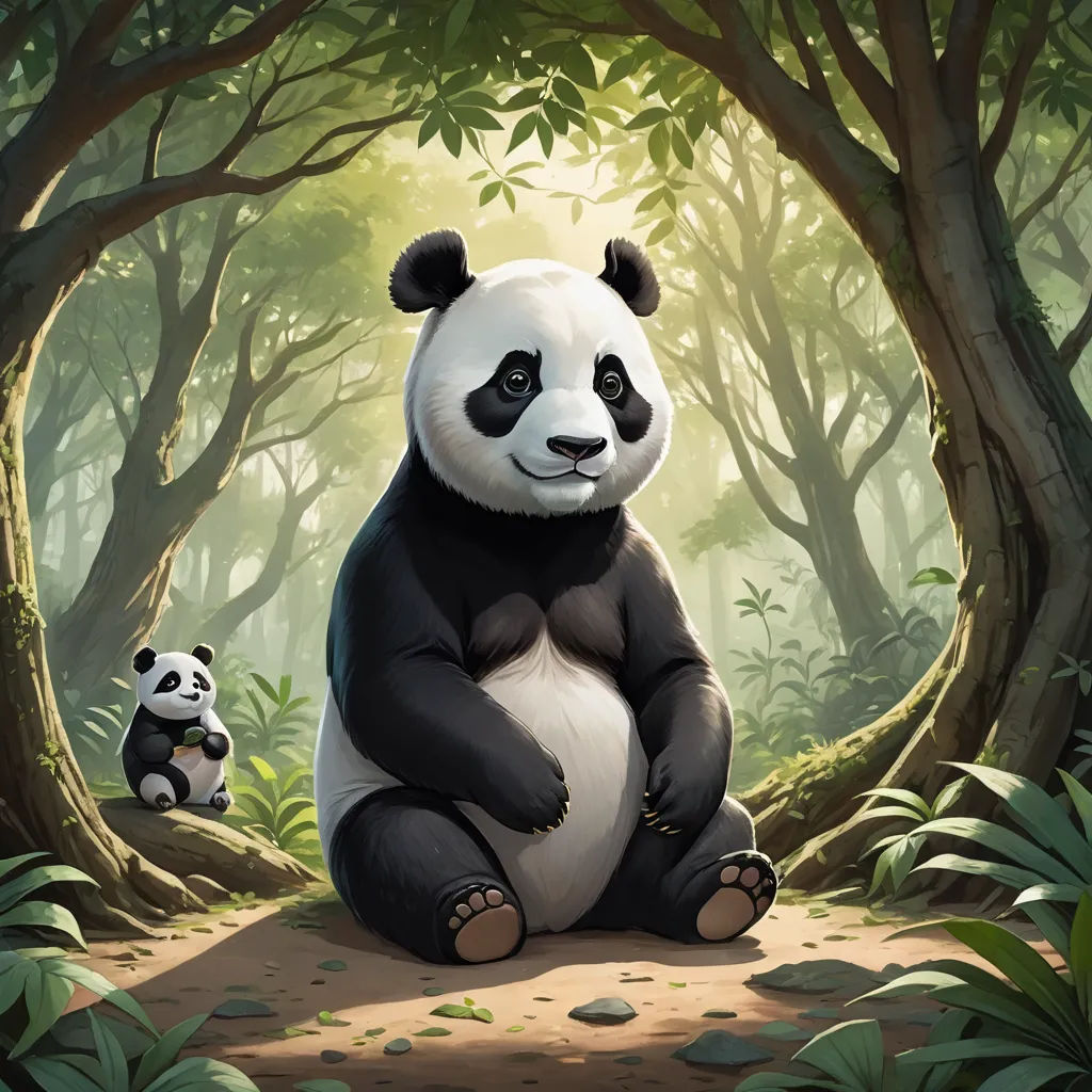 a panda bear sitting on the ground next to a panda bear in a forest with trees and rocks on the ground, fantasy art, a digital painting, Chris LaBrooy, game art